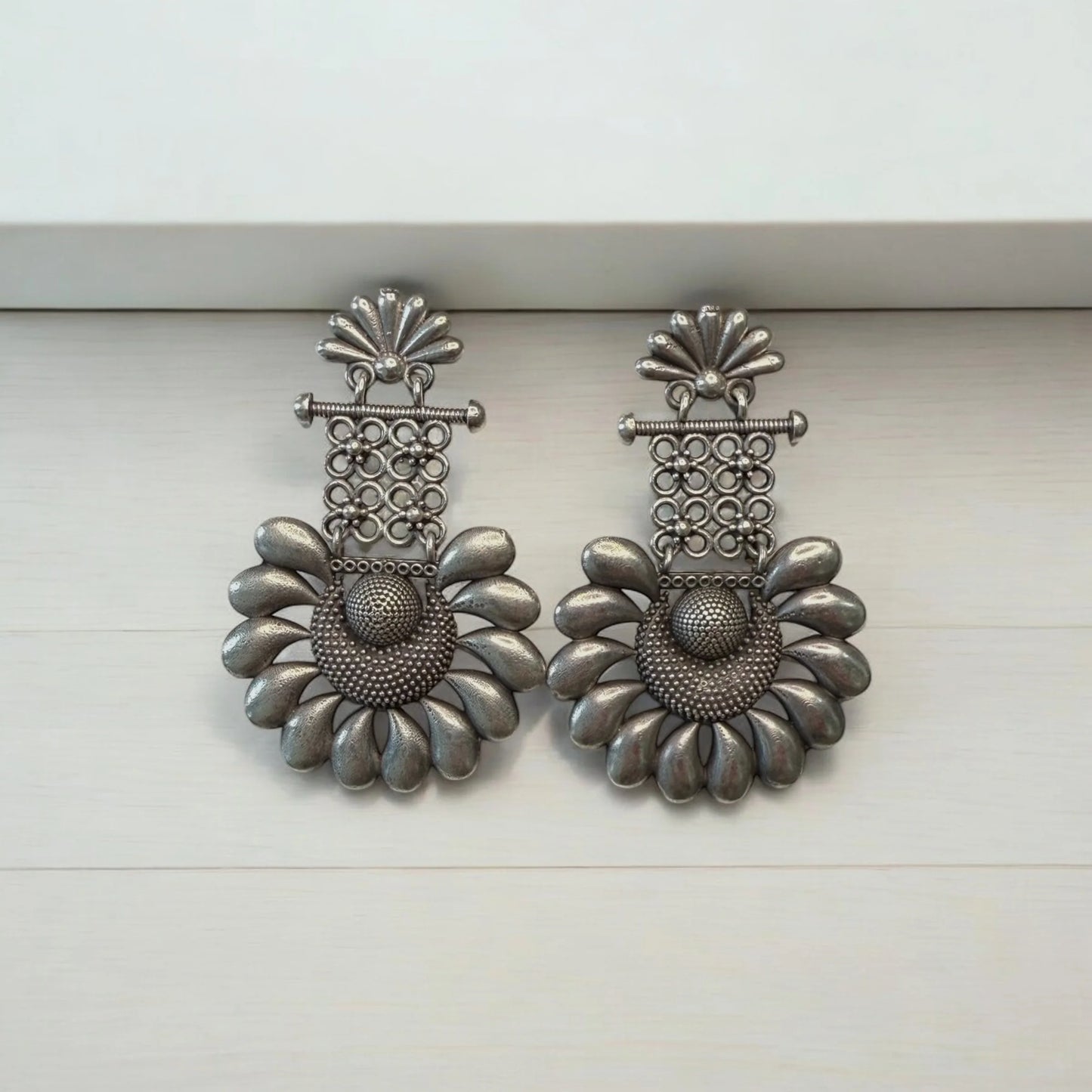 Statement Earrings: Intricately Designed Oxidized Silver Floral Dangler