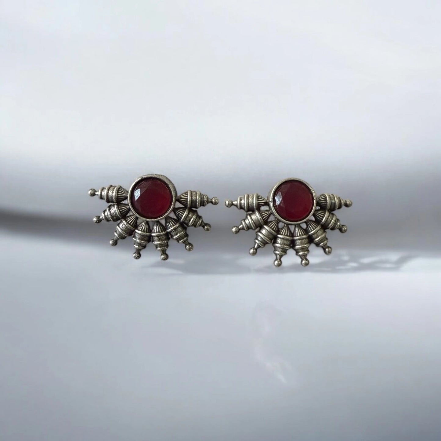Antique Red Stud Earrings with Intricate Silver Detailing