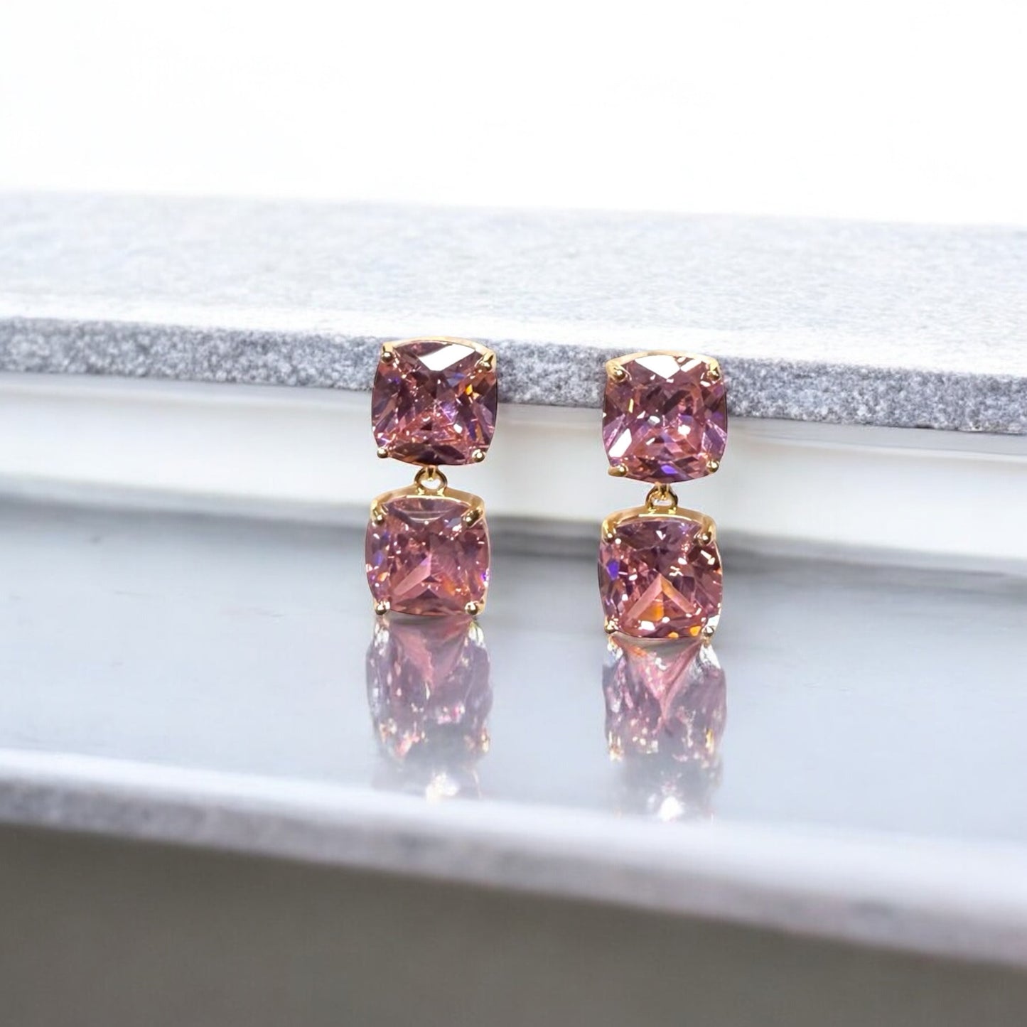 Pink Square-Cut Dangle Earrings with Gold Accents