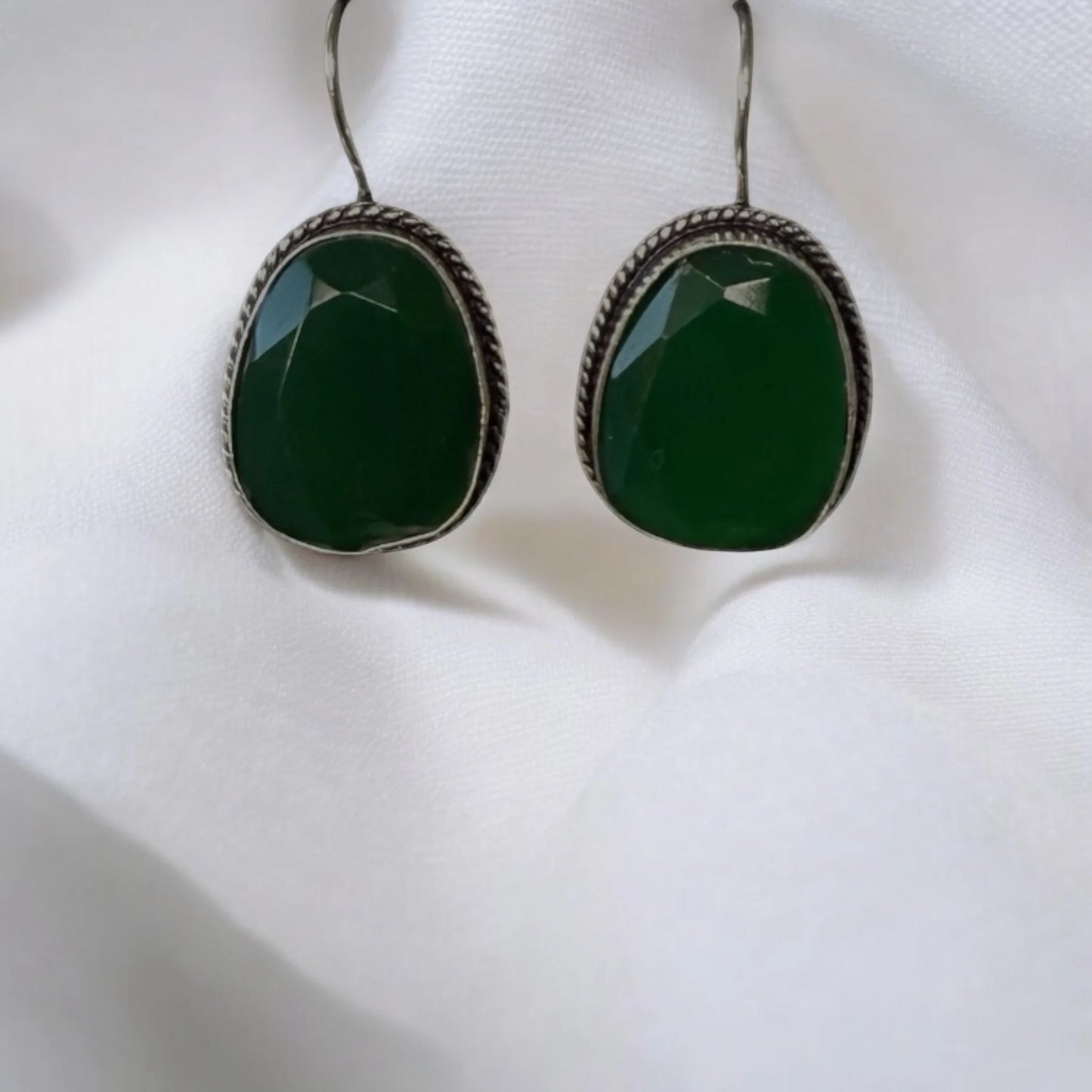 Timeless Green Oval Gemstone Earrings in Silver Finish