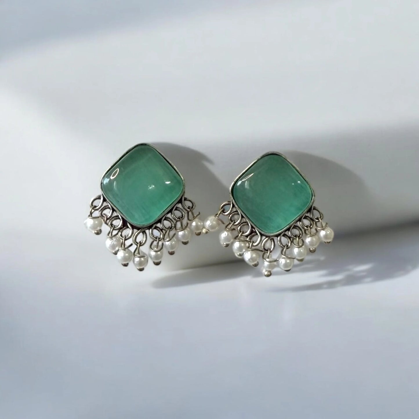 Elegant Green Stud Earrings with Pearl Dangling Charms – Perfect for Every Occasion