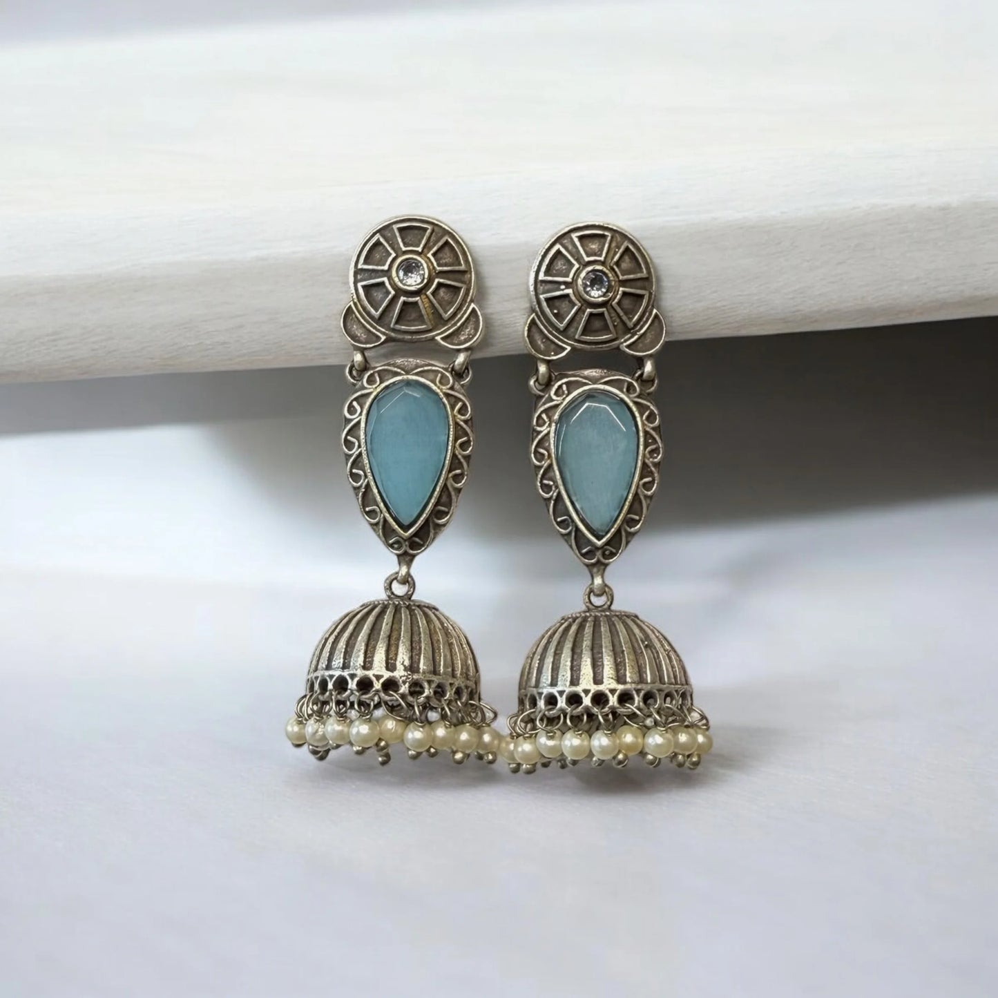 Vintage Blue Teardrop Jhumka Earrings with Pearl Accents