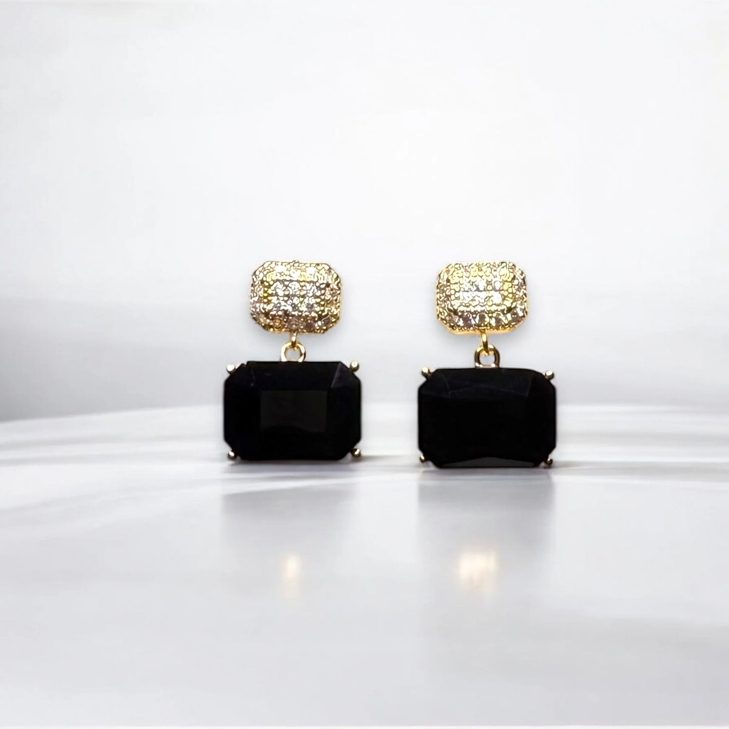 Elegant Black and Gold Crystal Drop Earrings with Rectangle Gemstone Accent