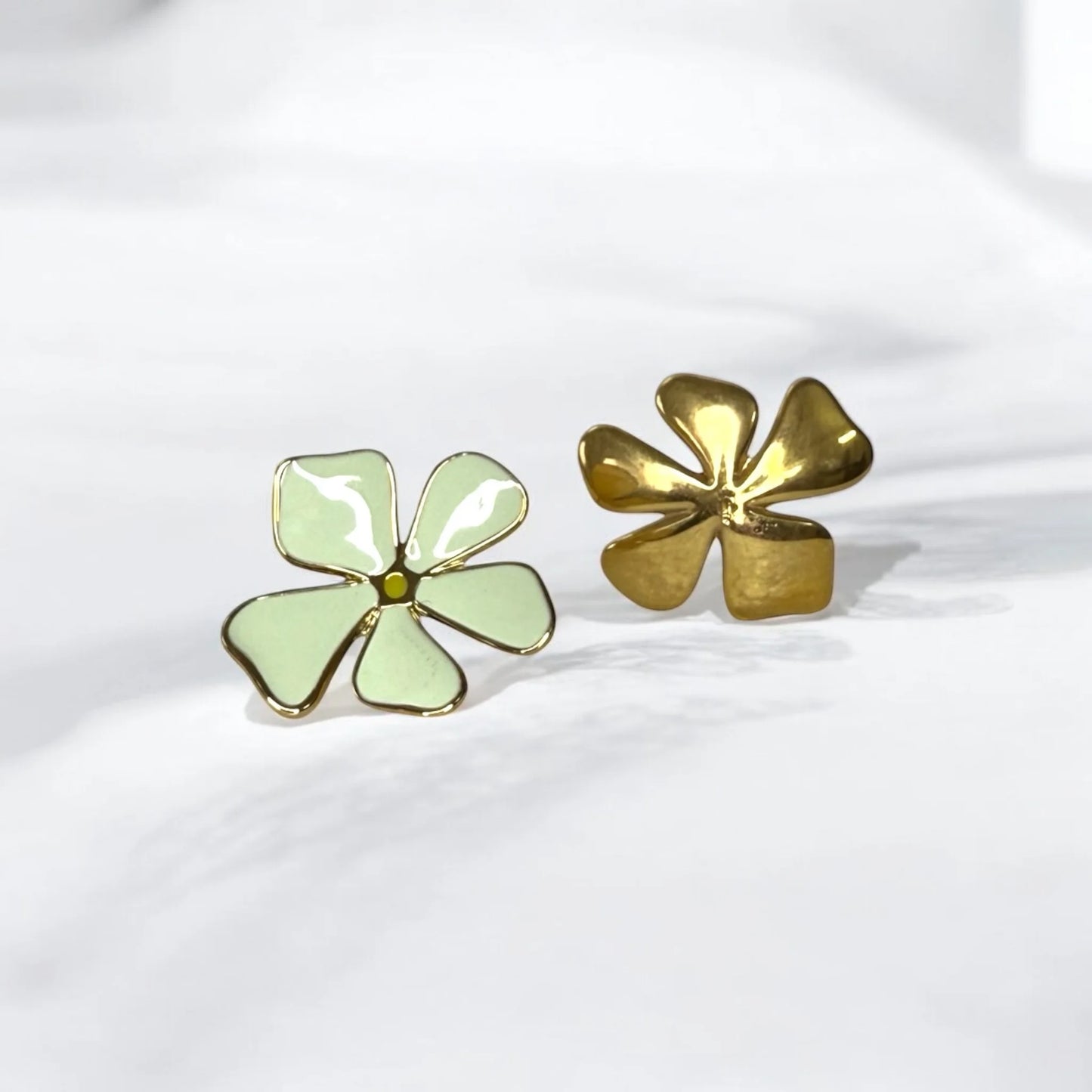 Elegant Flower-Shaped Stud Earrings - Gold-Plated Stainless Steel - Light Green Petals