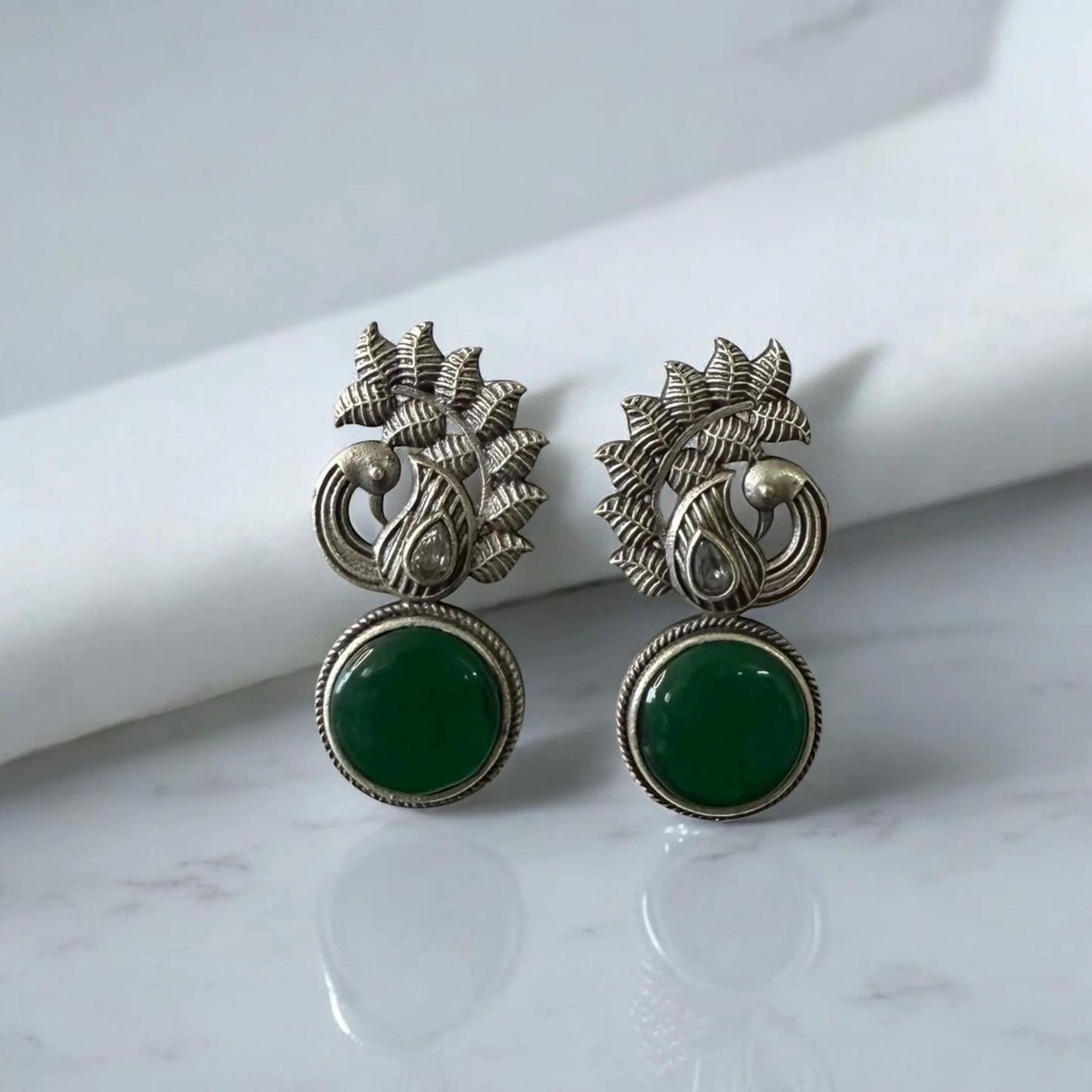 Peacock-Inspired Silver Earrings with Green Stone – Traditional Elegance Redefined