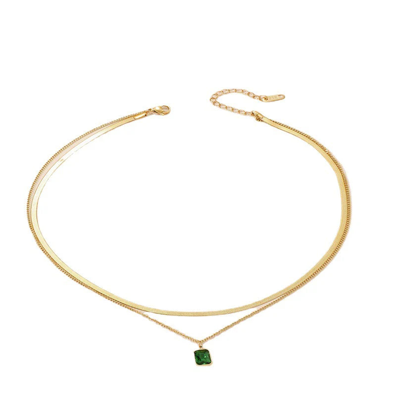 Gold Layered Necklace Set – Elegant Snake Chain with Green Gem Pendant