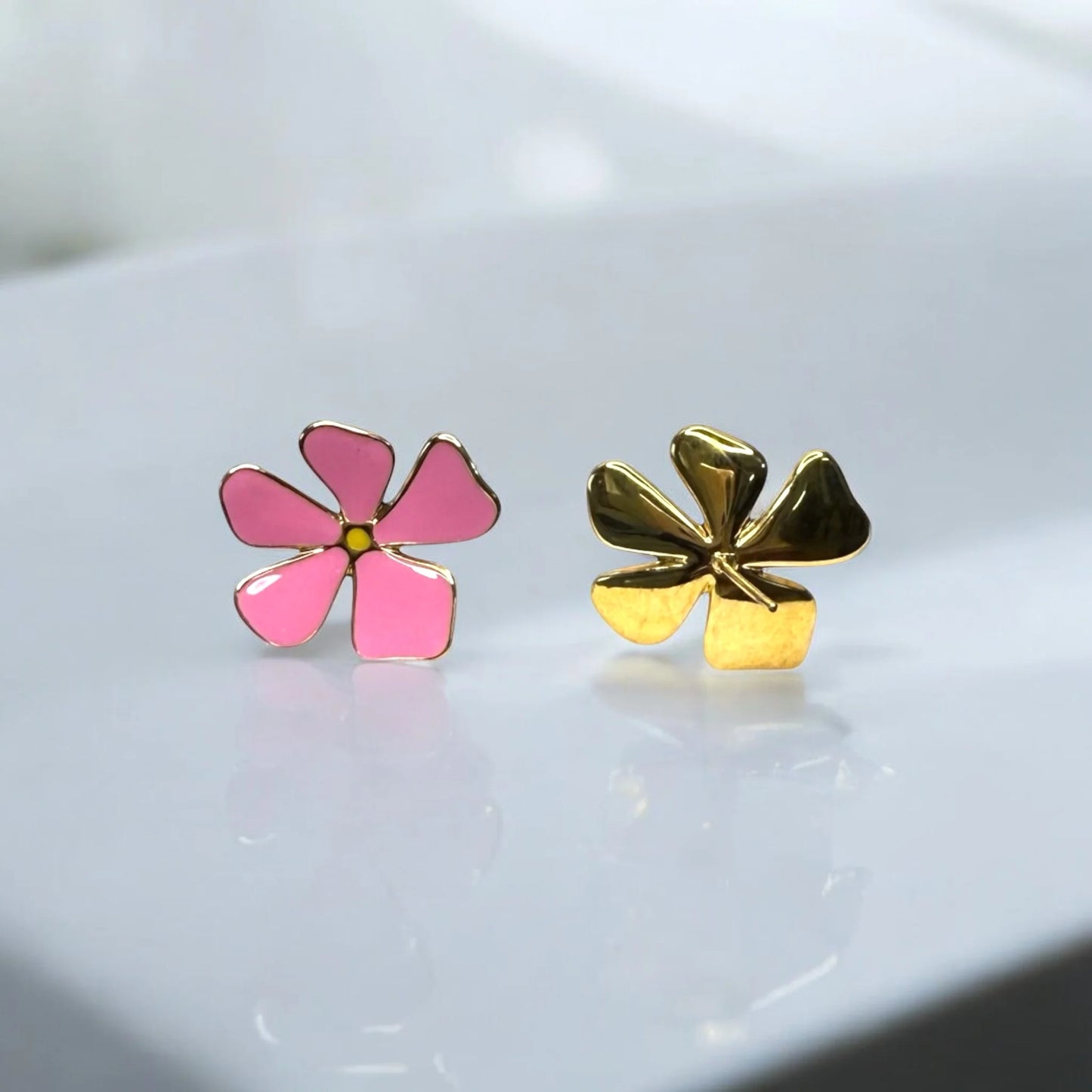 Charming Pink Flower Stud Earrings - Gold-Plated Stainless Steel - Lightweight Floral Jewelry