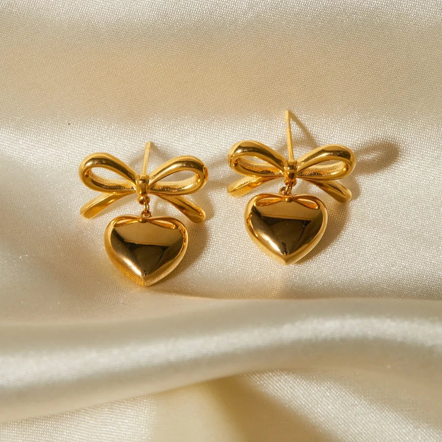 Elegant Gold Bow & Heart Earrings – Timeless Chic for Every Occasion