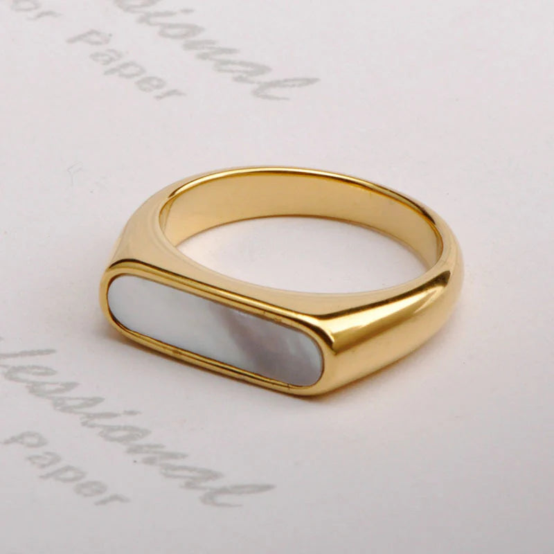Elegant Gold Signet Ring with Mother of Pearl – Minimalist Luxury Jewelry (Size 9)