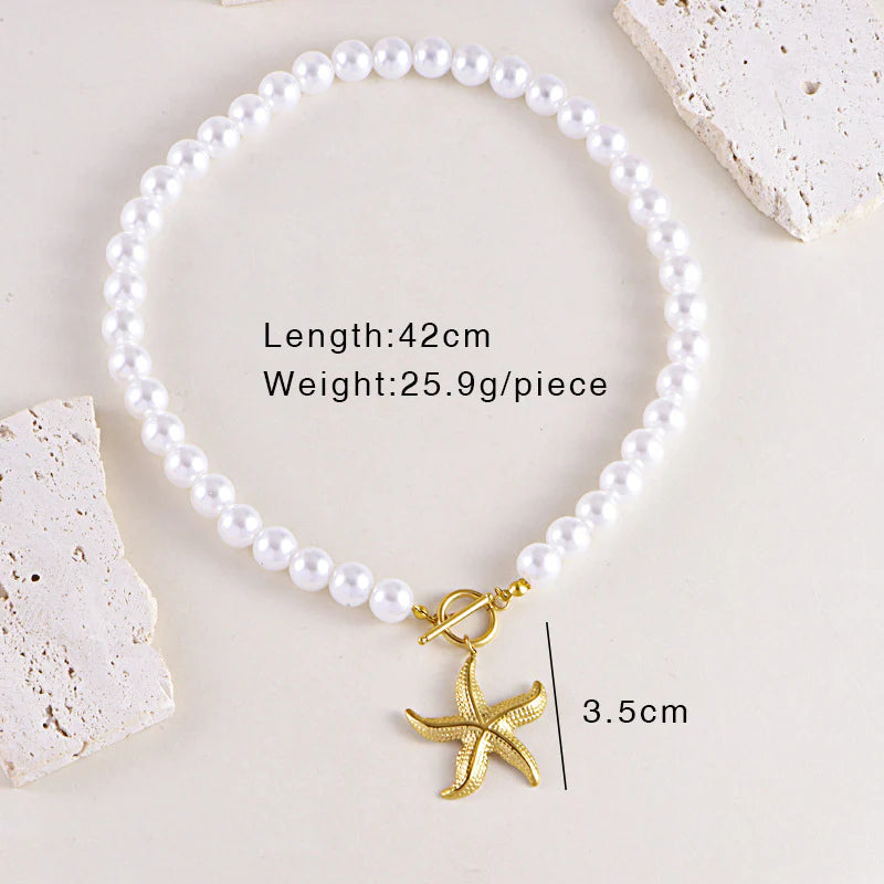 Elegant Pearl Necklace with Gold Starfish Pendant