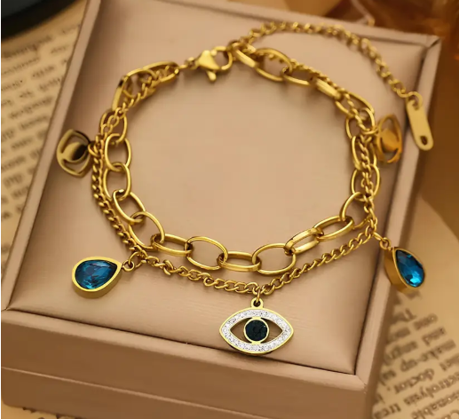 Gold Evil Eye Charm Bracelet – Blue Teardrop Gemstone Chain