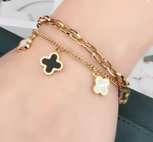 Gold Clover Charm Bracelet Set – Dual Chain Lucky Pendant Bracelet