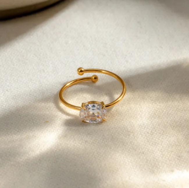 Gold Cuff Ring with Oval Crystal – Minimalist Design (White Only - Adjustable Size)