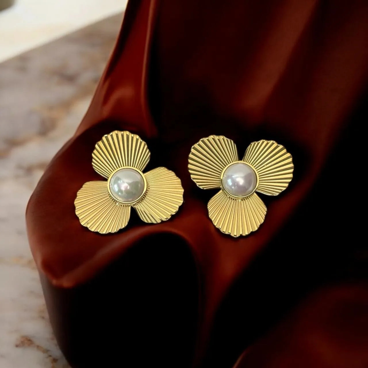 Elegant Gold Floral Pearl Stud Earrings
