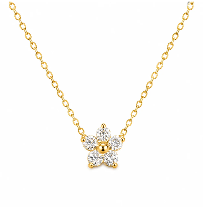 Gold-Plated Floral Pendant Necklace for Women | Stainless Steel Crystal Chain (White)