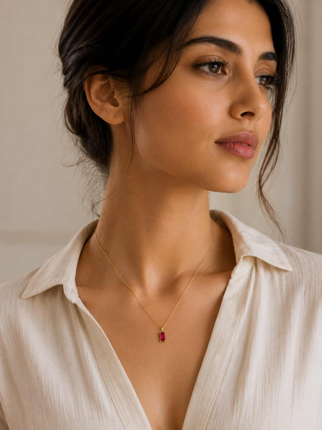 Ruby Red Baguette Pendant Necklace – Minimalist Necklace for Women