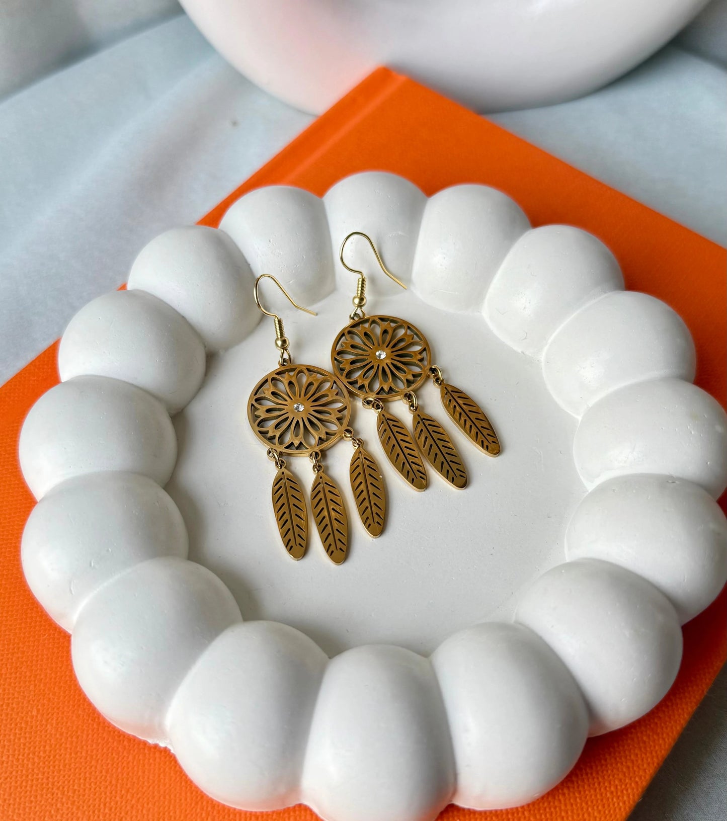 Elegant Gold Dreamcatcher Dangle Earrings with Floral Mandala Design and Feather Charms