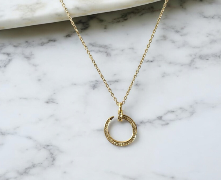 Gold-Plated Crescent Moon Pendant Necklace with Crystal Accents