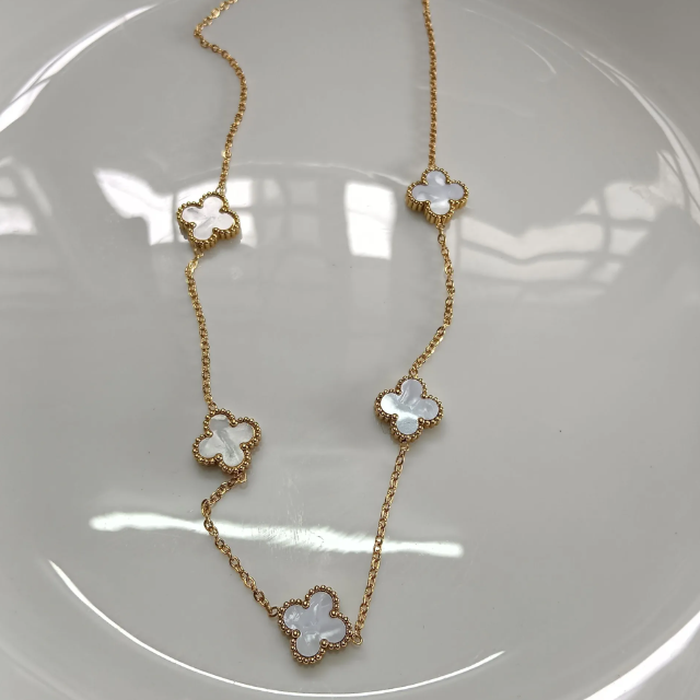 Elegant Gold Clover Necklace with Mother of Pearl Inlay - Four-Leaf Clover Pendant Chain