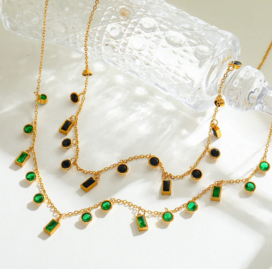 Green gemstone charm necklace, dainty and elegant — alternate view