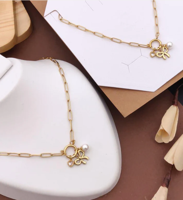 Gold Butterfly Charm Necklace with Pearl & Crystal | Stainless Steel Anti-Tarnish Chain Jewelry