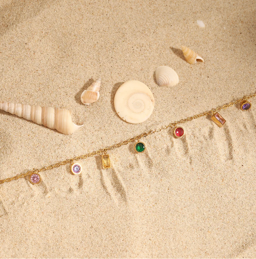 Rainbow Gemstone Necklace | Anti-Tarnish Stainless Steel Gold Chain | Waterproof Colorful Jewelry for Women