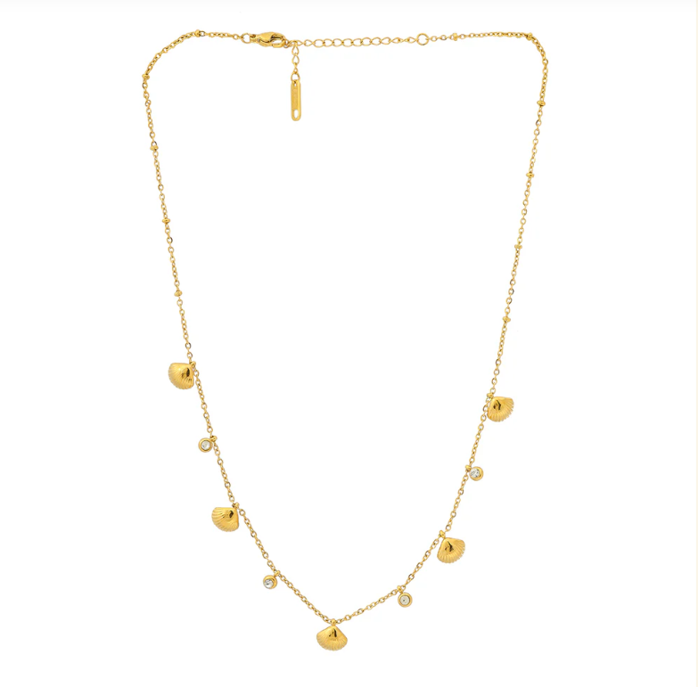 Gold Seashell & Crystal Charm Necklace | Stainless Steel Anti-Tarnish Layered Chain Jewelry
