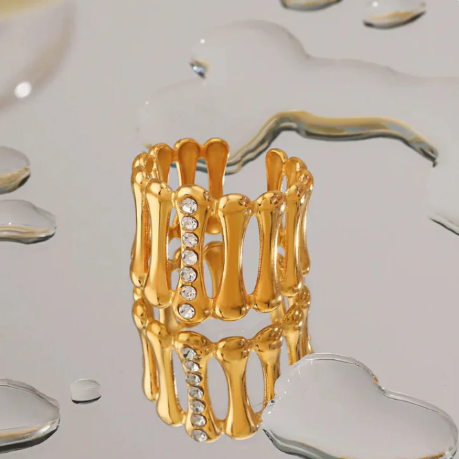 Bold Gold Statement Ring – Adjustable Stainless Steel Wide Band with Rhinestones
