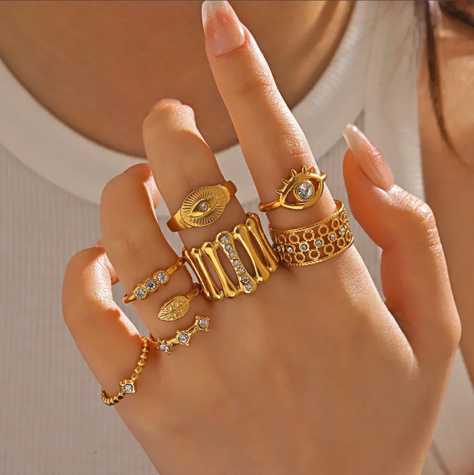 Gold Evil Eye Adjustable Ring – Dainty Stainless Steel Protection Jewelry with Crystal