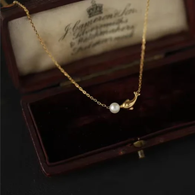 Gold-Plated Dolphin Pearl Pendant Necklace for Women | Stainless Steel Chain