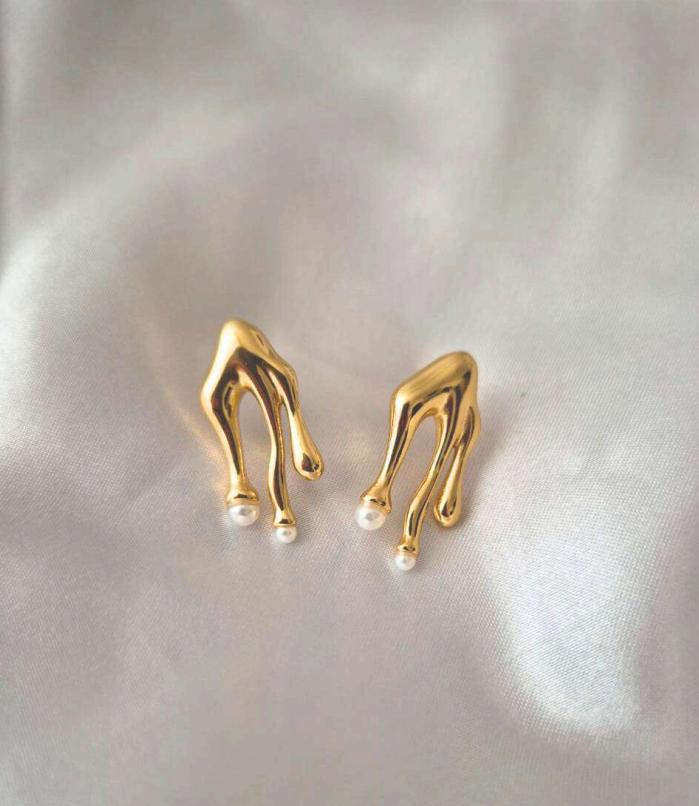 Abstract Gold Drop Earrings with Pearls | Anti-Tarnish Stainless Steel Statement Jewelry