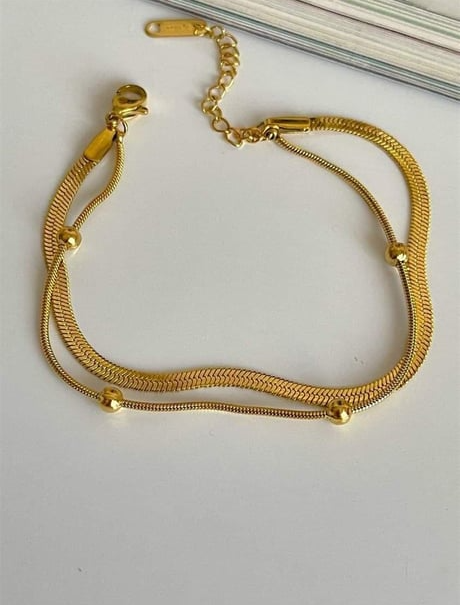Double Layer Gold-Plated Stainless Steel Bracelet for Women – Elegant Beaded Chain Design