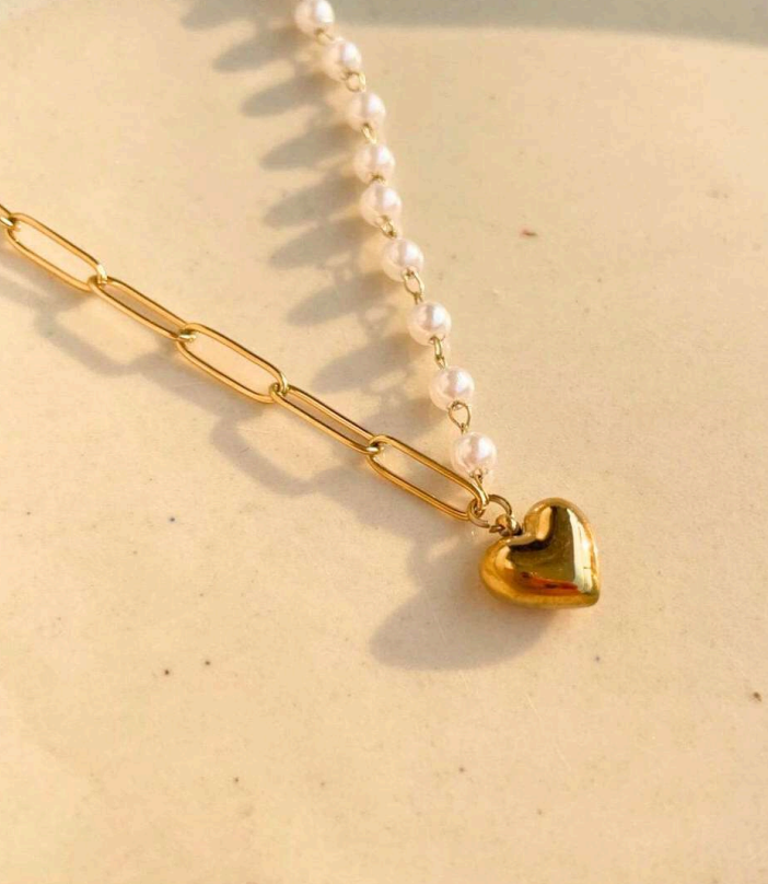 Gold-Plated Heart Pendant Pearl Chain Necklace | Stainless Steel Jewelry