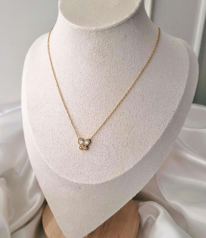 Gold-Plated Butterfly Pendant Necklace for Women | Stainless Steel Crystal Chain