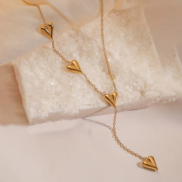 Gold-plated layered heart chain necklace with a drop design β alternate view