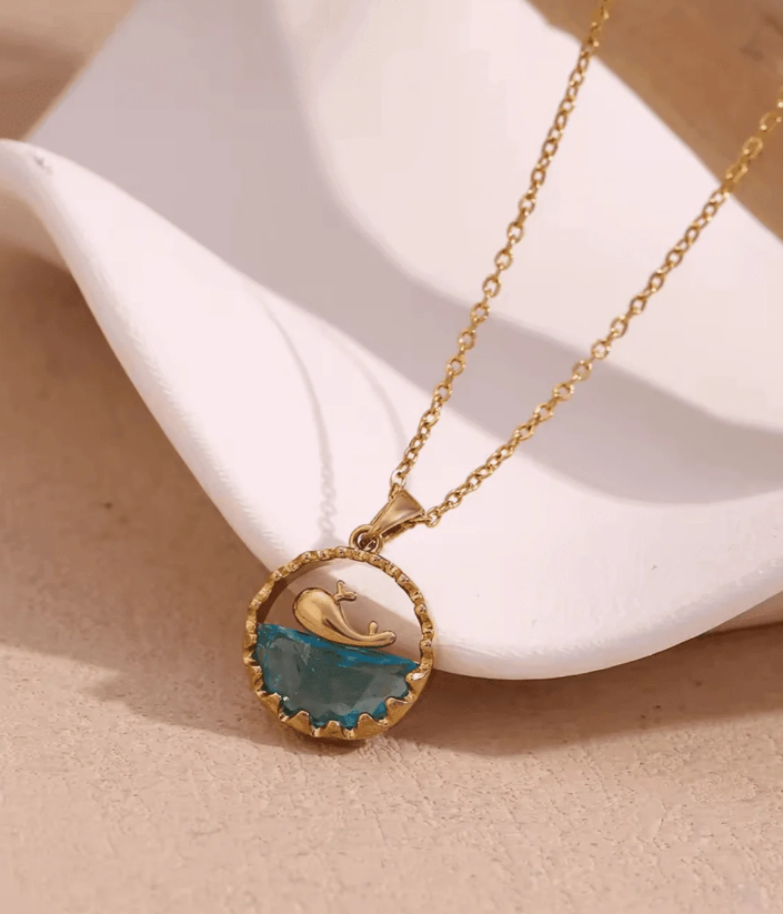 Ocean Whale Pendant Necklace | Blue Crystal Gold Chain | Anti-Tarnish Stainless Steel Jewelry