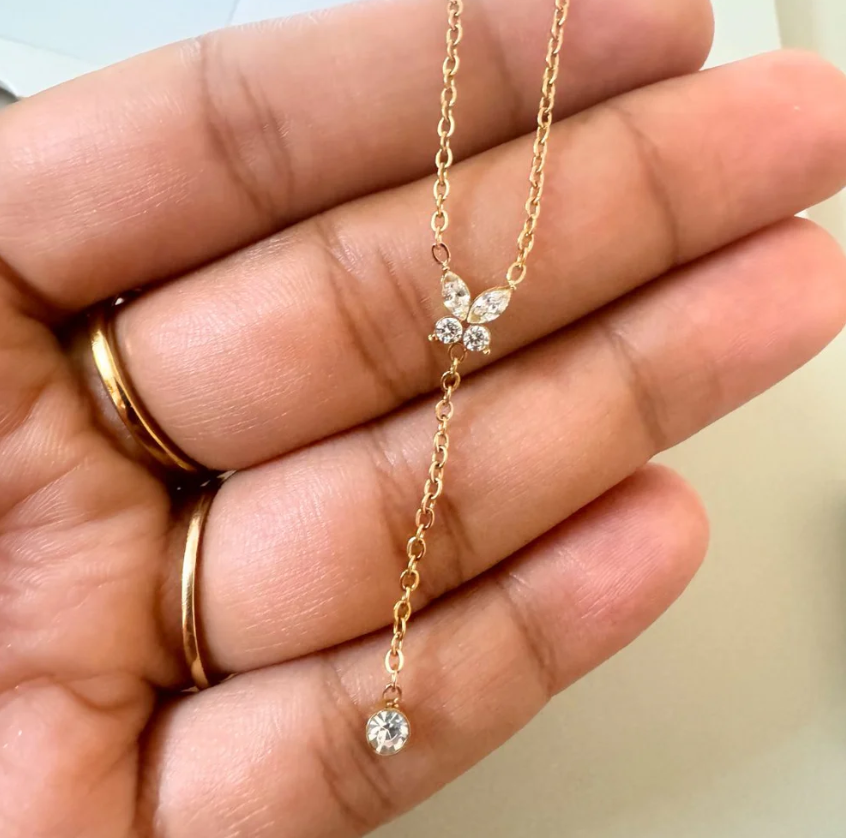 Dainty Gold Drop Necklace | Crystal Pendant | Anti-Tarnish Stainless Steel Jewelry