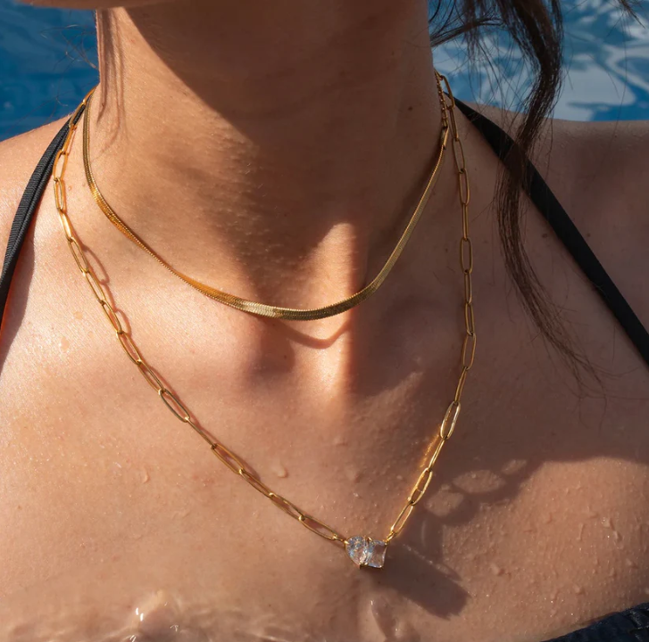 Gold Paperclip Chain Necklace with Dual Gemstone Pendant | Anti-Tarnish Stainless Steel | Elegant Statement Jewelry