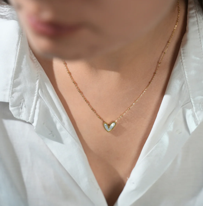 Gold Heart Necklace with Opal Inlay – Dainty Iridescent Pendant