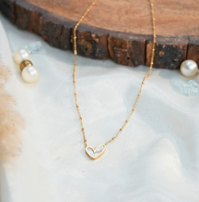 Gold Heart Necklace with Opal Inlay – Dainty Iridescent Pendant
