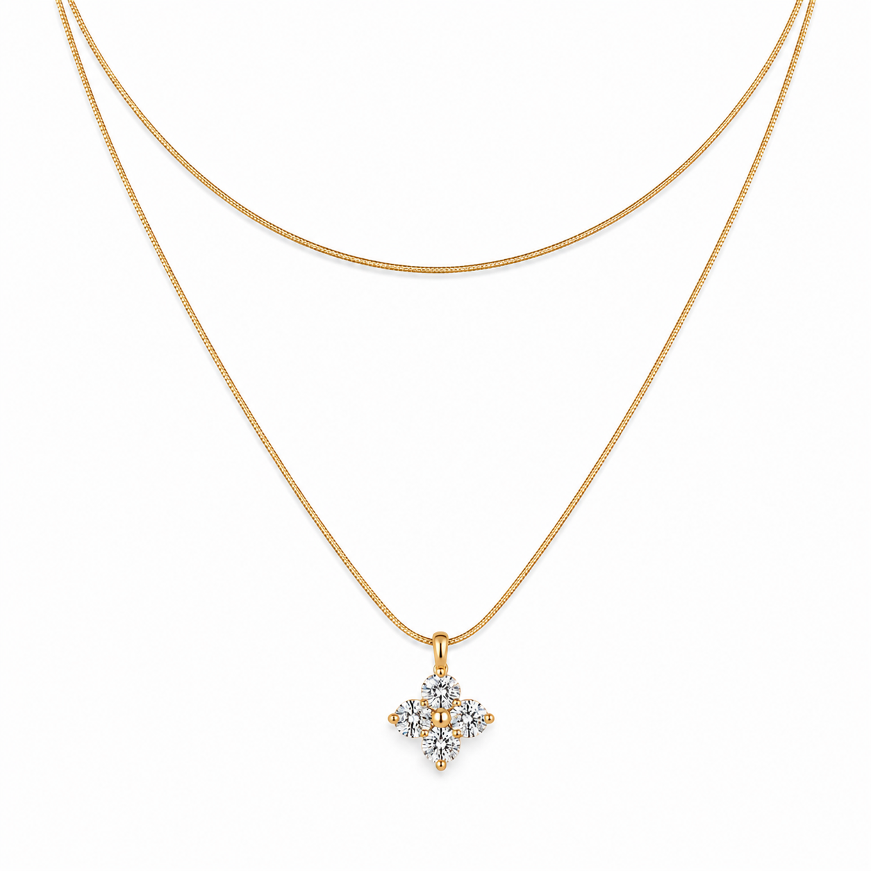 Gold Layered Necklace with Flower Pendant – Dainty Clover Crystal Necklace
