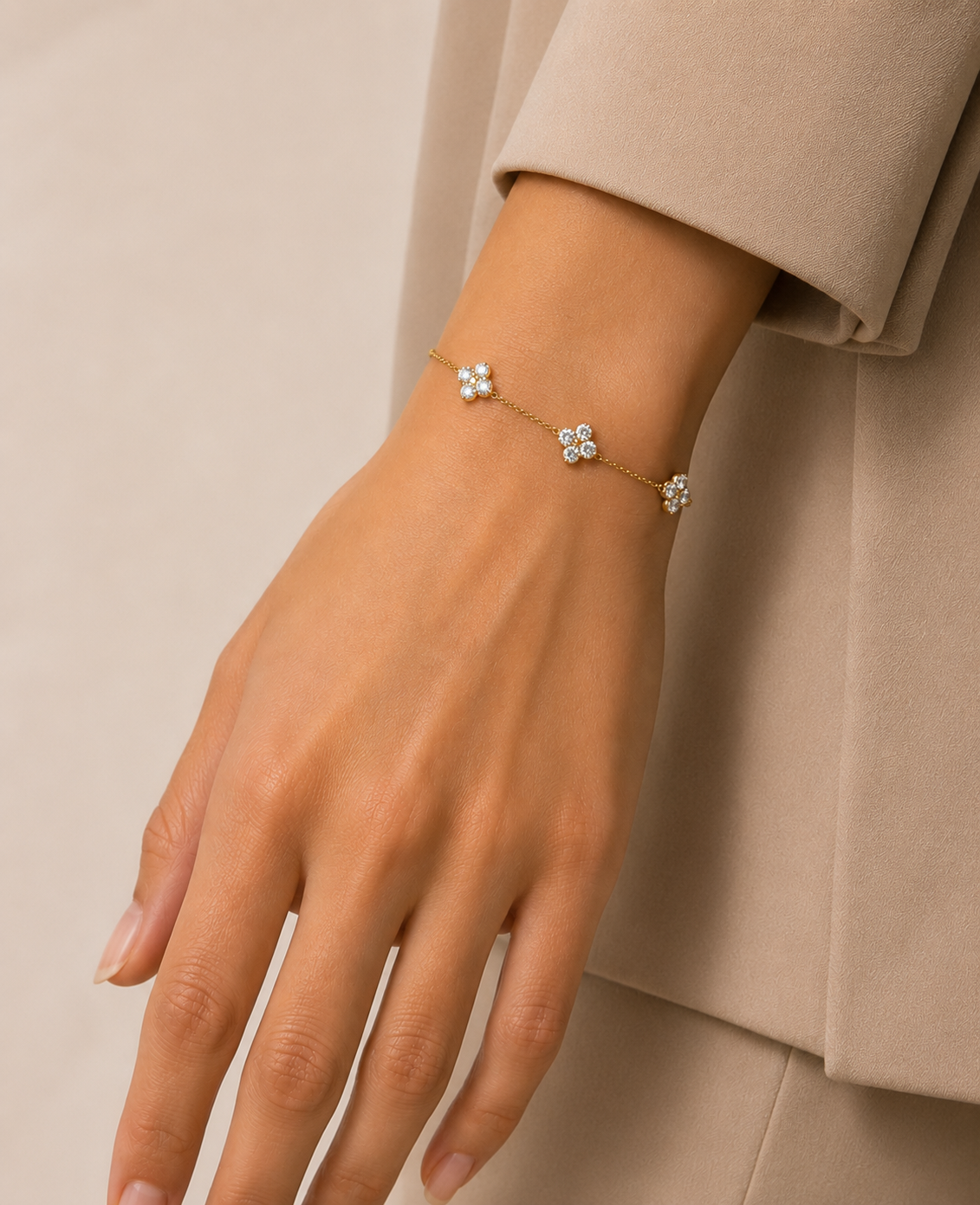 Gold Flower Station Bracelet – Dainty Crystal Clover Chain Bracelet