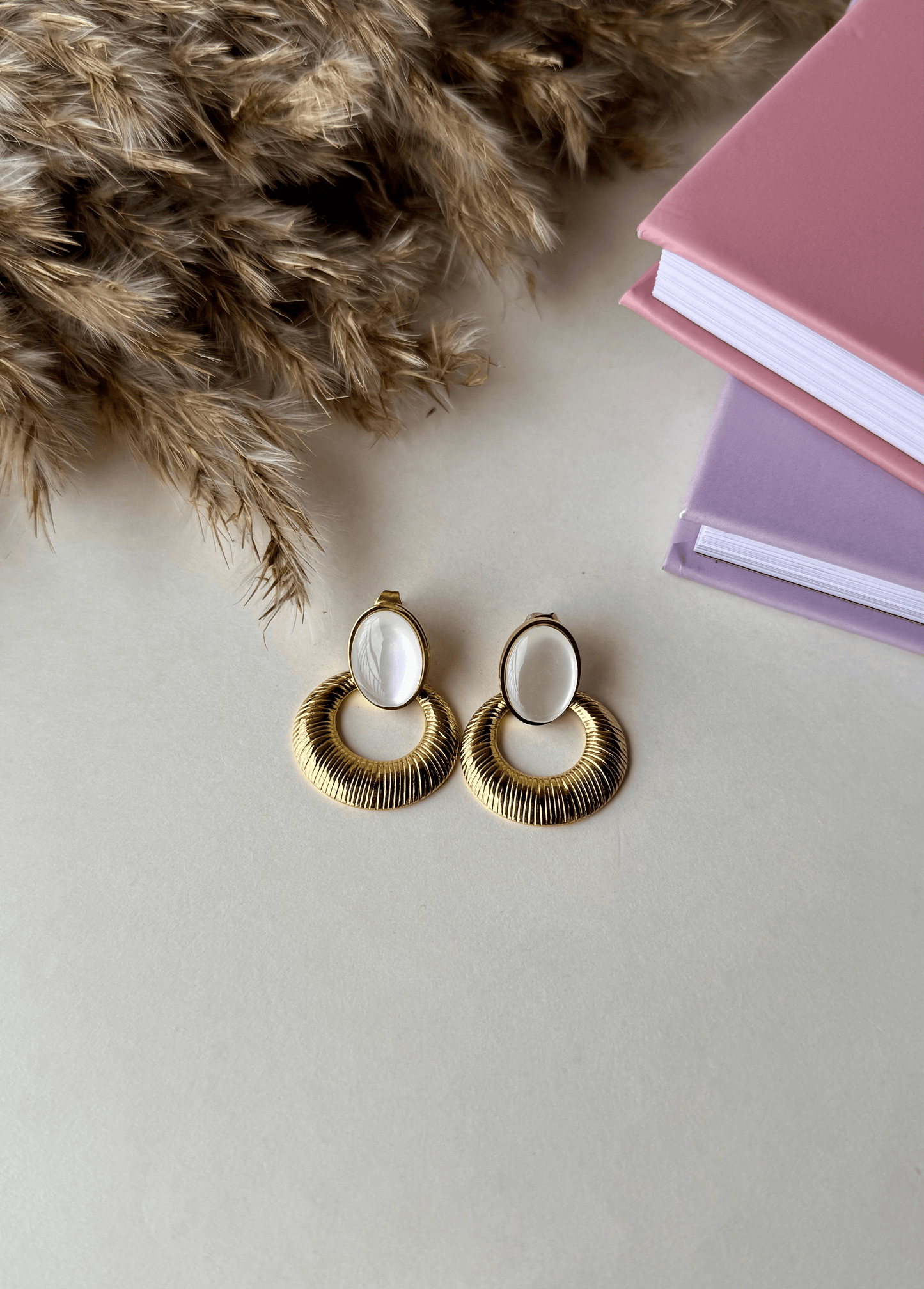 Gold Textured Drop Earrings with Mother of Pearl | Stainless Steel Anti-Tarnish Statement Jewelry