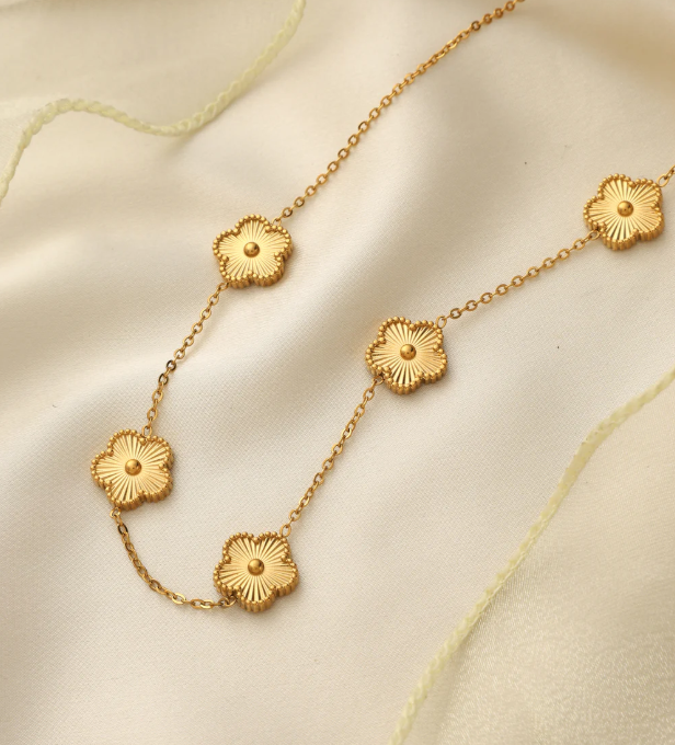 Vintage-Inspired Gold Floral Necklace with Textured Medallions