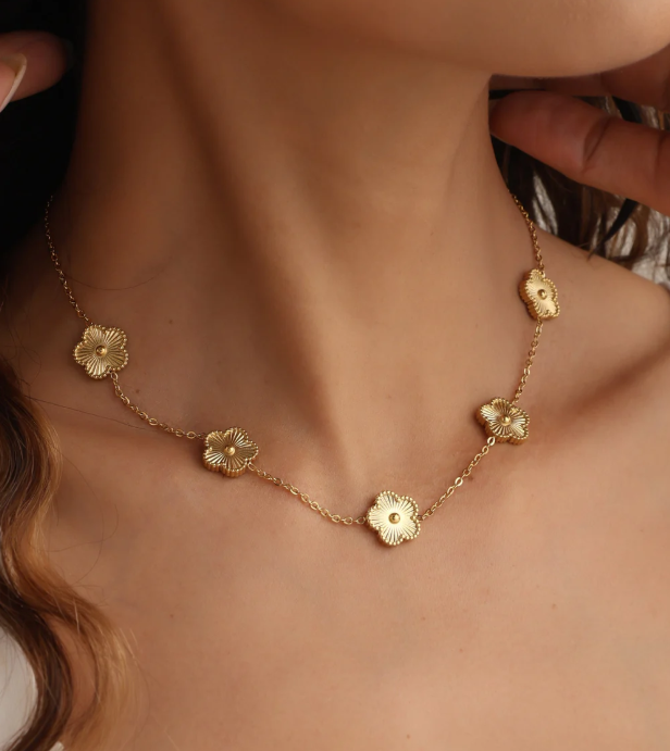 Vintage-Inspired Gold Floral Necklace with Textured Medallions