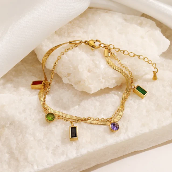 Gold Multi-Color Charm Bracelet | Stainless Steel Anti-Tarnish Double Layer Adjustable Jewelry
