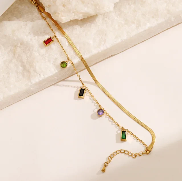 Gold Multi-Color Charm Bracelet | Stainless Steel Anti-Tarnish Double Layer Adjustable Jewelry