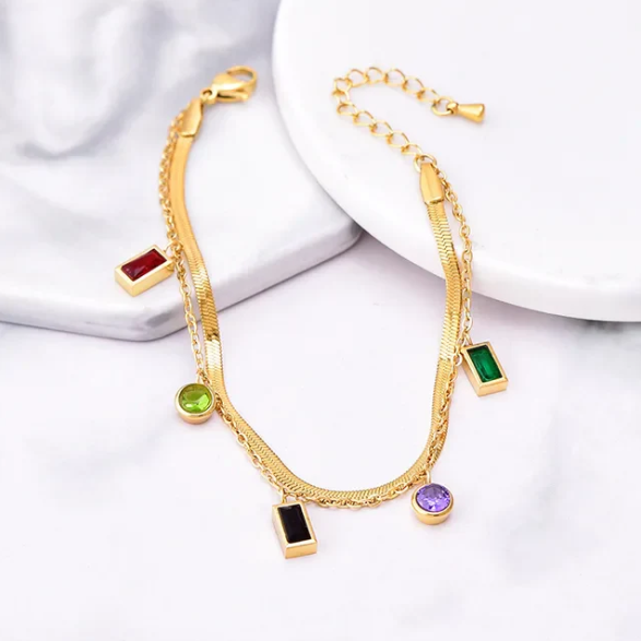 Gold Multi-Color Charm Bracelet | Stainless Steel Anti-Tarnish Double Layer Adjustable Jewelry