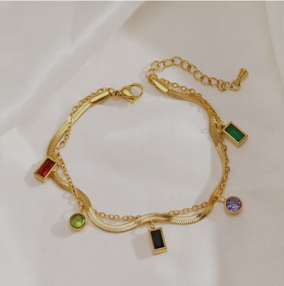 Gold Multi-Color Charm Bracelet | Stainless Steel Anti-Tarnish Double Layer Adjustable Jewelry