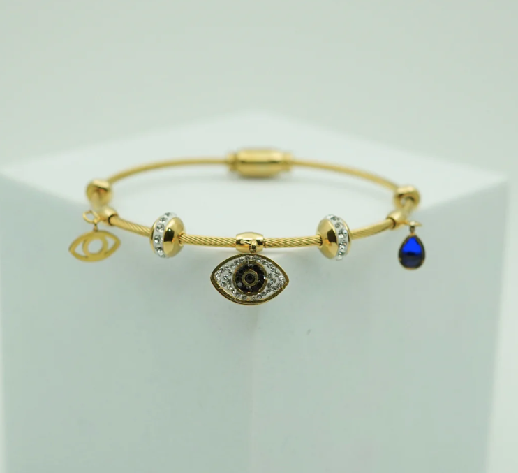 Gold Evil Eye Charm Bracelet with Diamond and Sapphire Accents